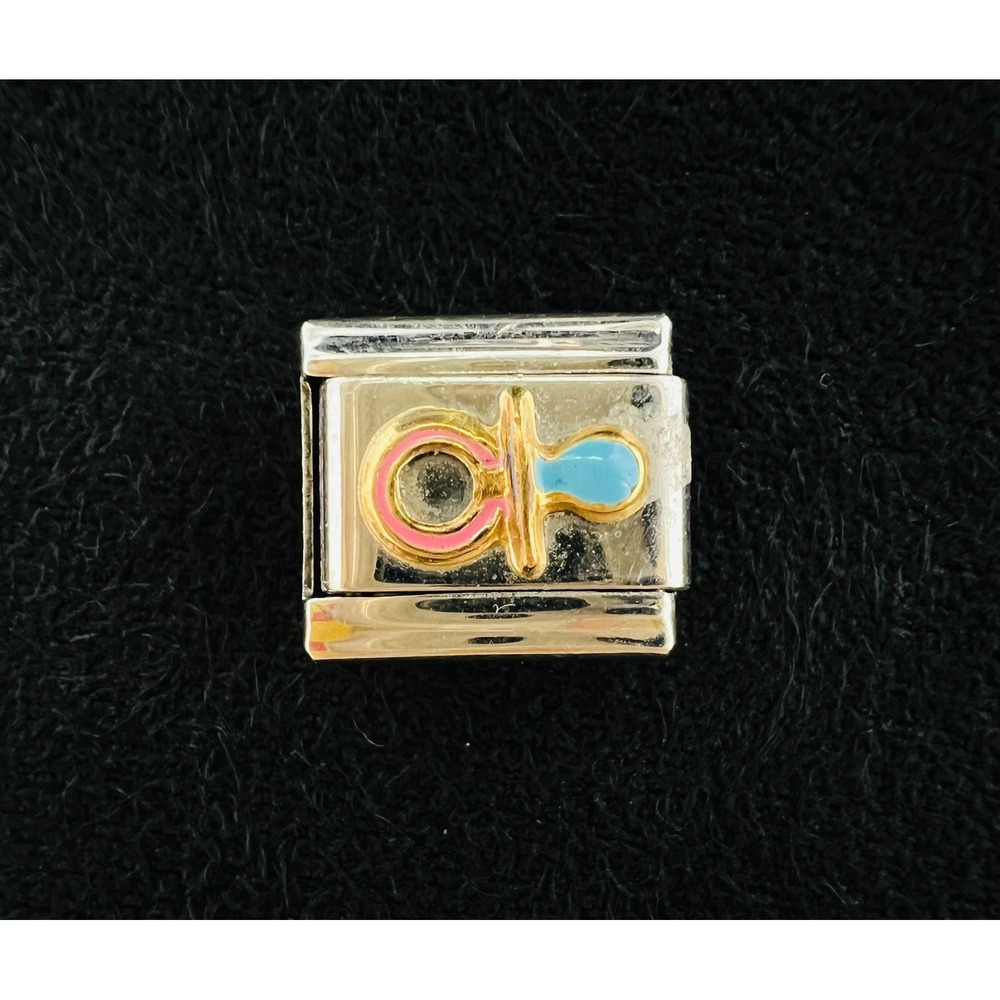 Vintage Zoppini Italian Charm Link Baby Pacifier Gold Tone Enamel Stainless